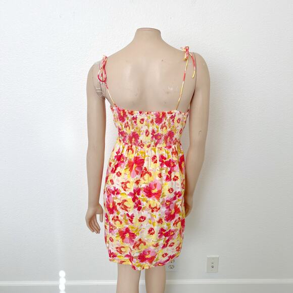 [Old Navy] Pink Floral Print Linen Blend Square Neck Mini Dress Smocked Sz Large - Picture 3 of 12